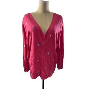 "C.J. BANKS" Pink Button Up Sweater Embroidered Birdhouses & Flowers Grandma Y2K